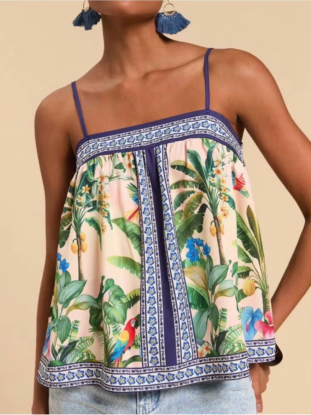 Tropical Print Camisole - Multicolor Botanical Motif Size Medium
